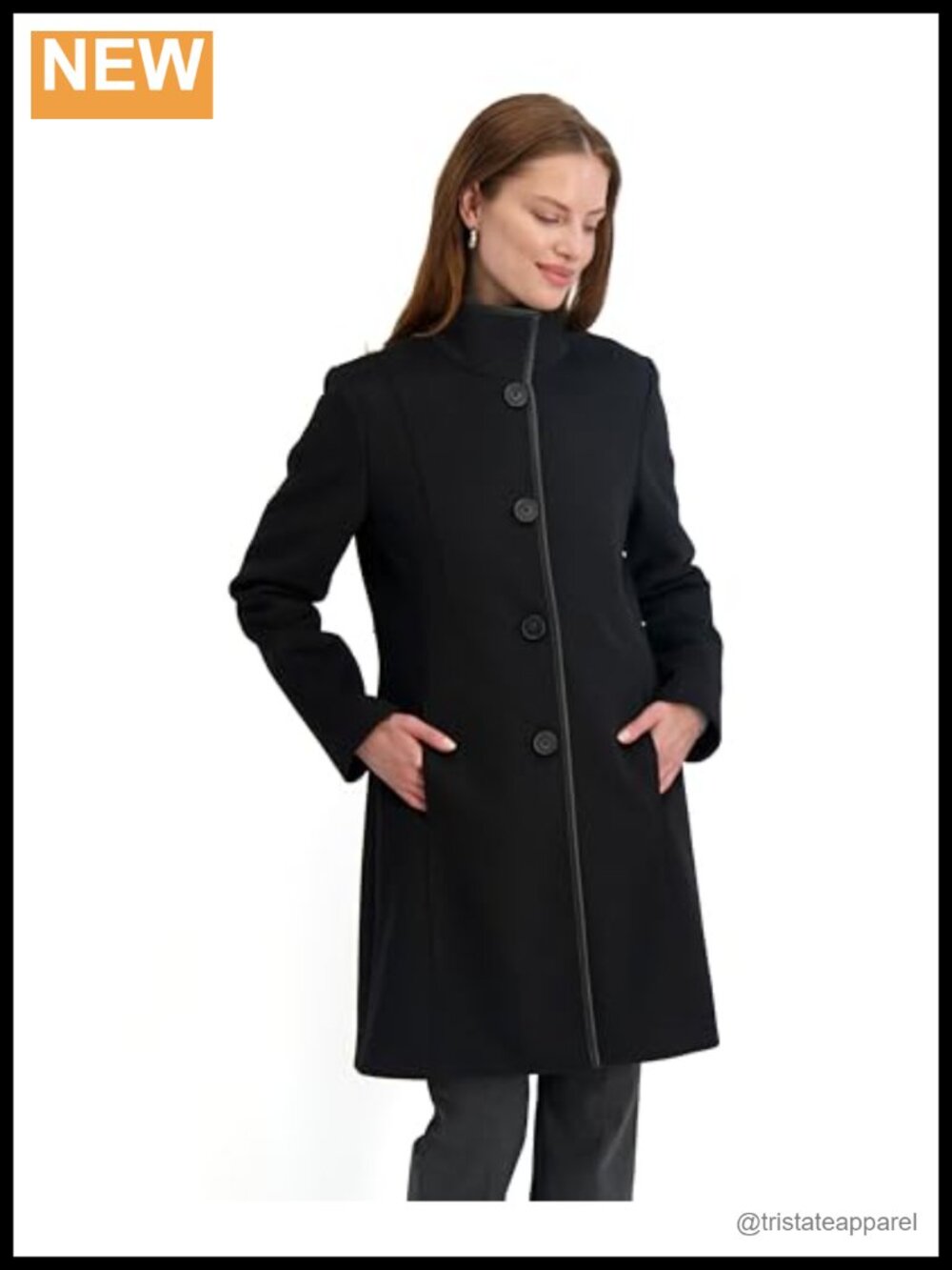 Women's Slim Fit Wool Blend Walker Coat with PU Trim, Button Front, Mid-Length